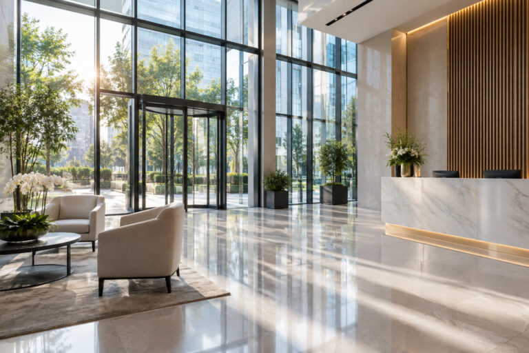 La première impression commence par les vitres : soignez l’accueil de votre immeuble Hall d’entrée moderne avec vitres d’immeuble impeccablement propres