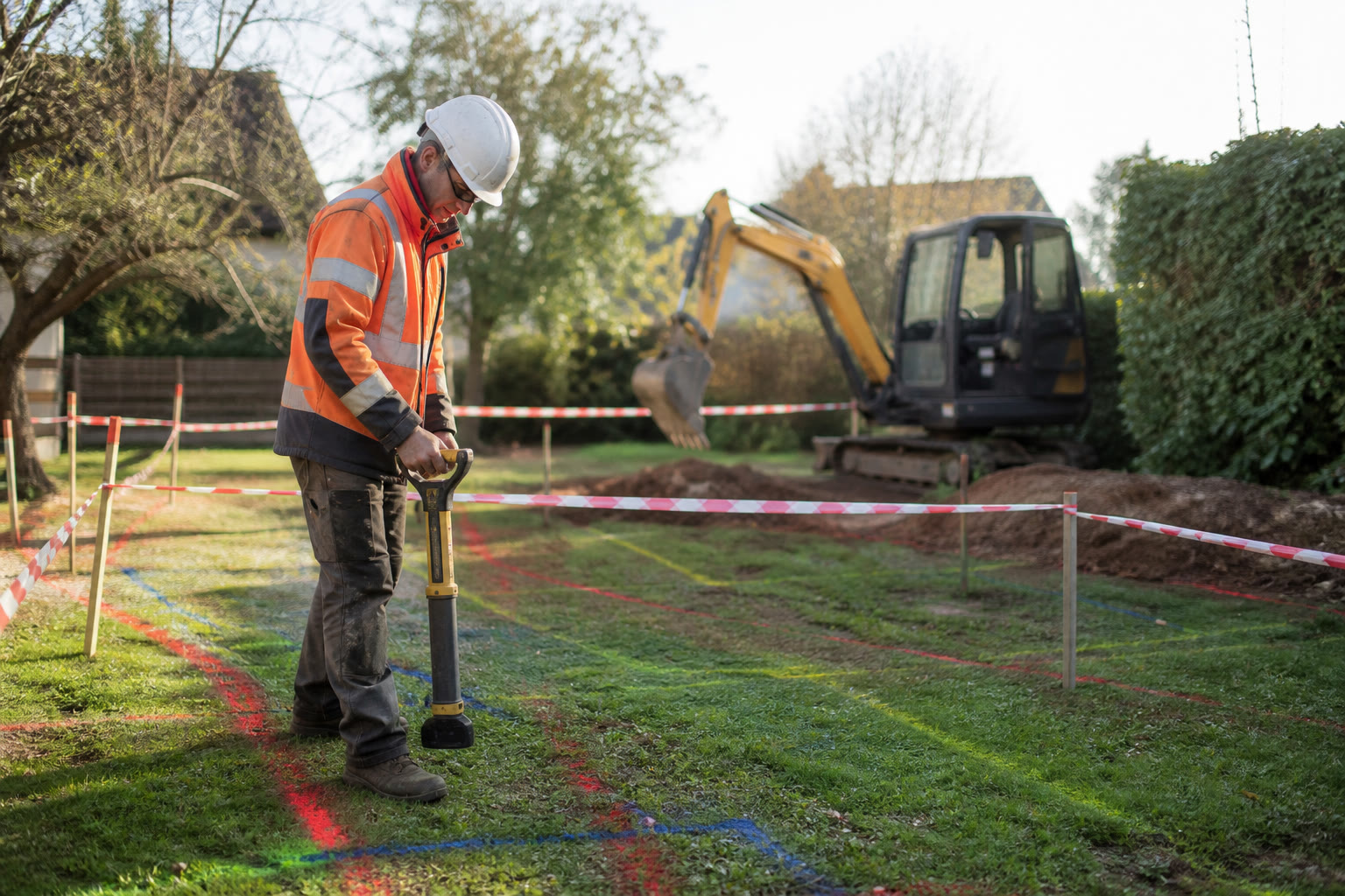 Creuser dans son jardin ou devant sa maison : le réflexe qui évite les mauvaises surprises Technicien détectant des réseaux enterrés avant un terrassement dans un jardin