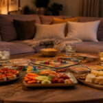 Table de salon avec repas à partager, boissons et jeux de société pour une soirée conviviale à la maison