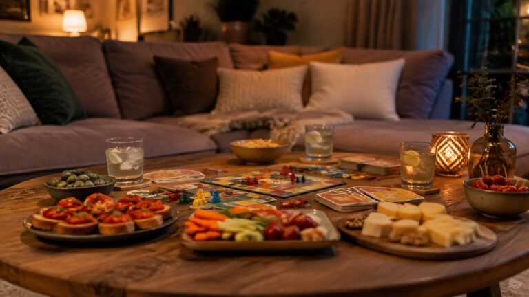 Soirée à la maison : préparer un repas simple, des jeux et un budget qui ne déborde pas Table de salon avec repas à partager, boissons et jeux de société pour une soirée conviviale à la maison