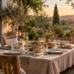 Terrasse conviviale avec table dressée au coucher du soleil