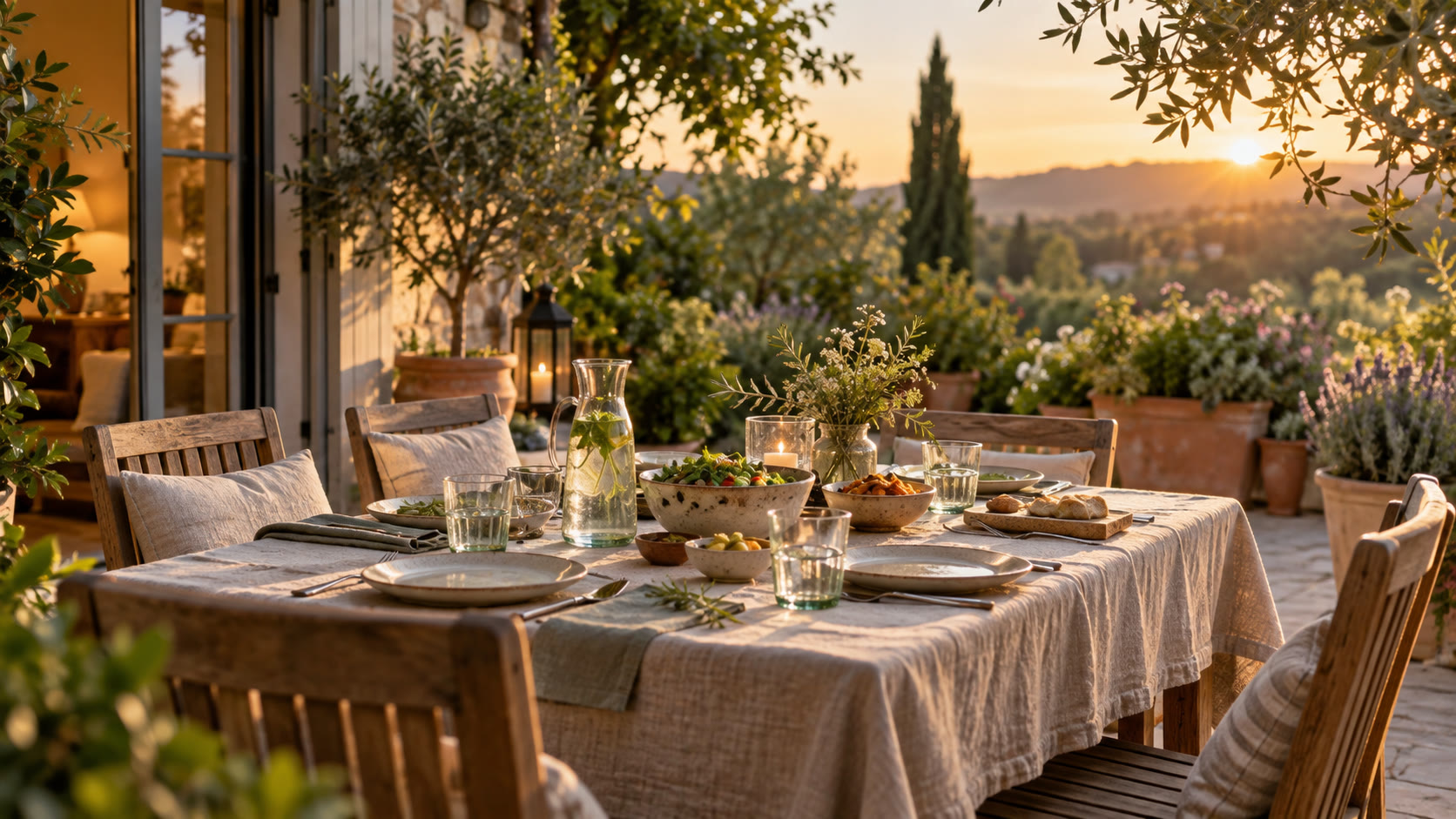 Aménager son extérieur pour profiter vraiment des repas dehors Terrasse conviviale avec table dressée au coucher du soleil