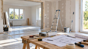 Intérieur de maison en cours de rénovation avec plans et outils